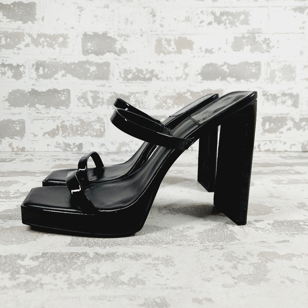 Jeffrey Campbell Black Patent Square-Toe Block Heel Sandals
